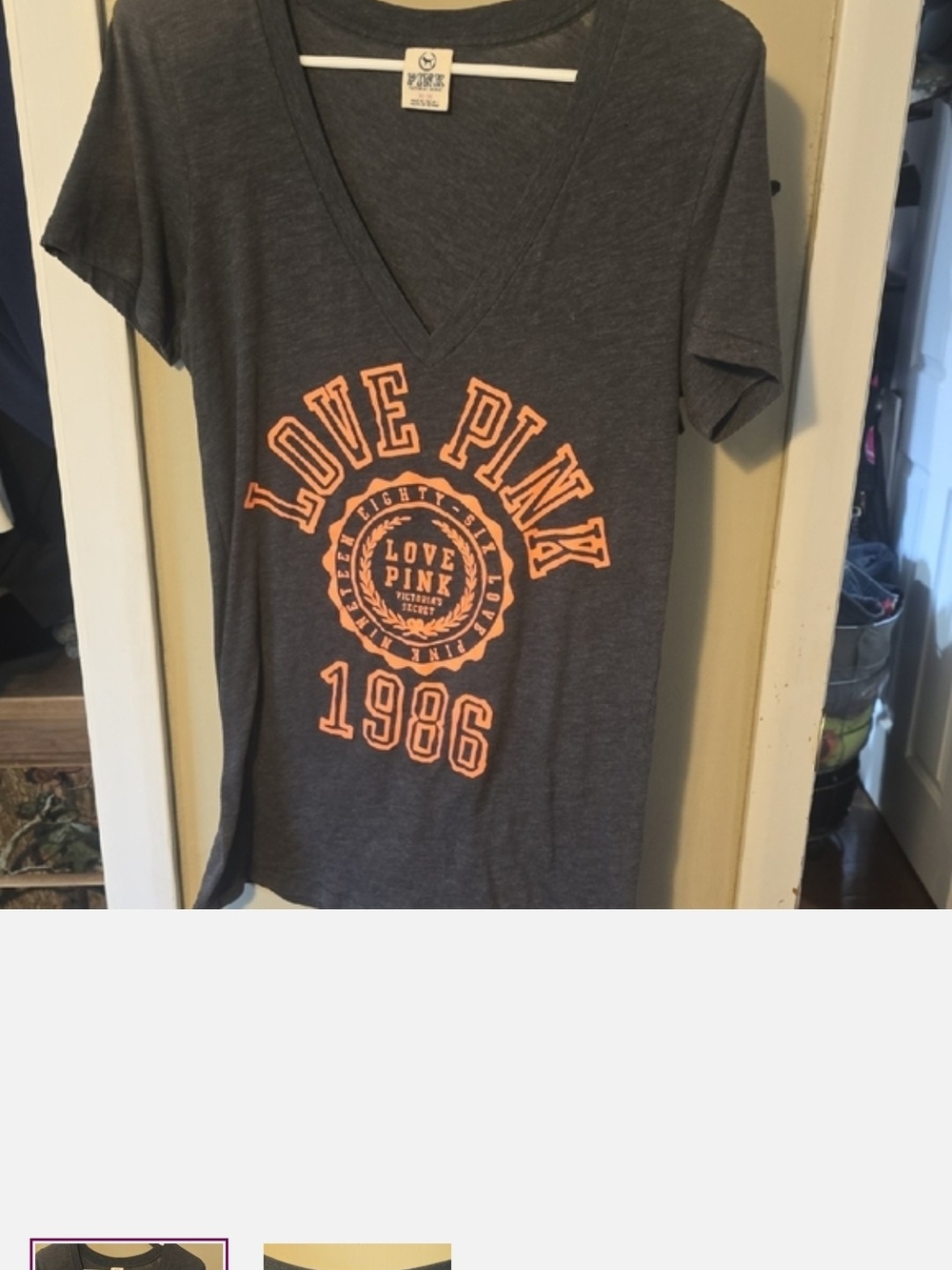 PINK Victoria's Secret Gray V-Neck Tee with Coral Graphic